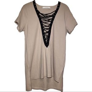 Tan Lace-up V Neck Top